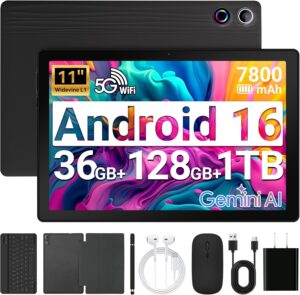 URAO Tablet,11" Android 16 Tablet Octa-core 36GB+128GB Gemini AI | 7800mAh Battery 1280 * 800 IPS FHD 5MP+8MP Camera Wi-Fi 6,BT 5.4 GMS Support 1TB Expansion with Keyboard Stylus Headphone