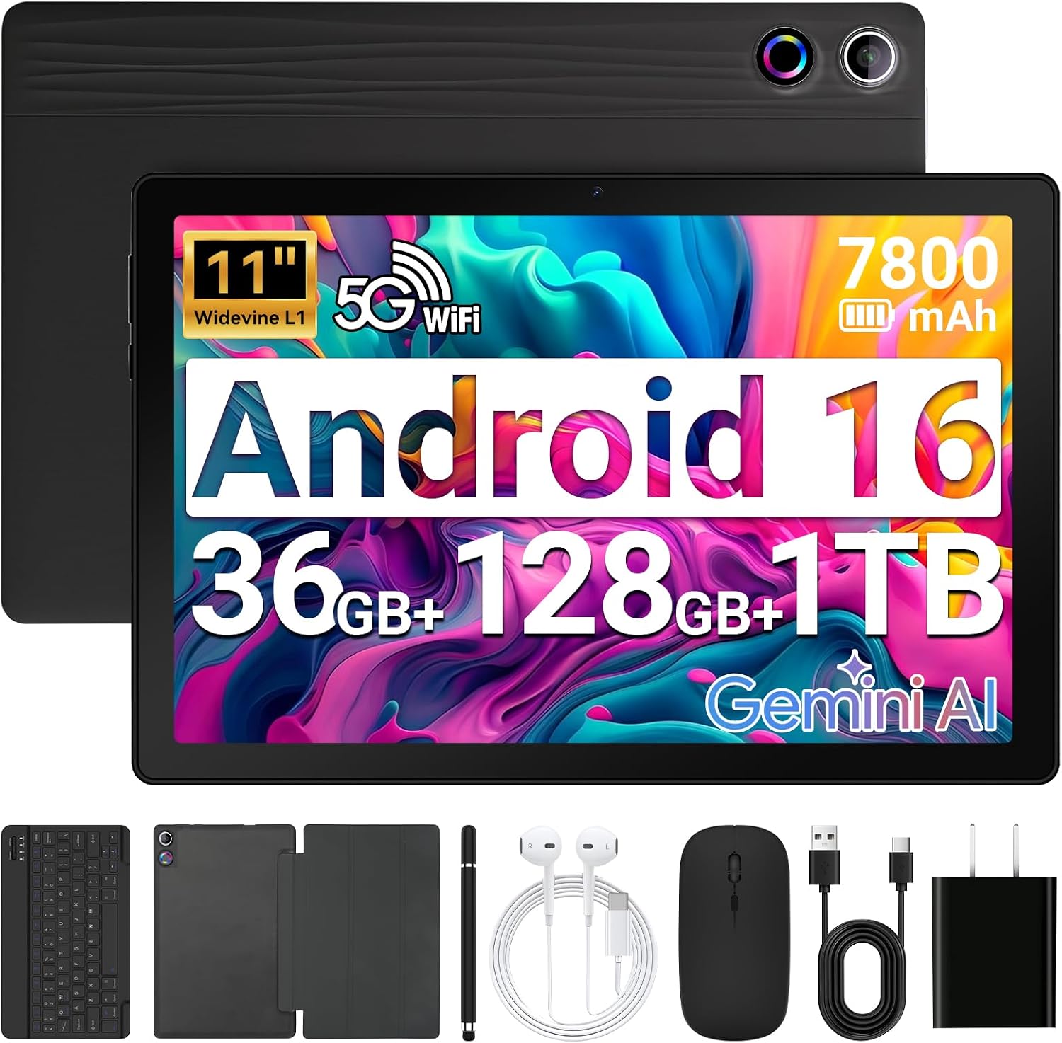 URAO Tablet,11" Android 16 Tablet Octa-core 36GB+128GB Gemini AI | 7800mAh Battery 1280 * 800 IPS FHD 5MP+8MP Camera Wi-Fi 6,BT 5.4 GMS Support 1TB Expansion with Keyboard Stylus Headphone